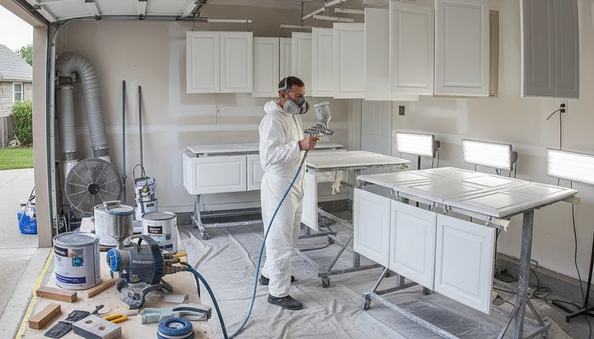 Professional cabinet painting process using spray and brush techniques in Pittsburgh, PA kitchen