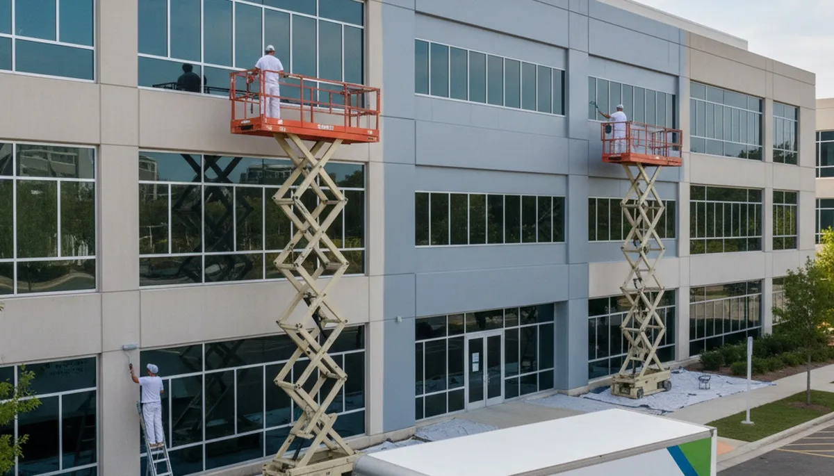 Professional commercial painters working on an office exterior in Pittsburgh, PA