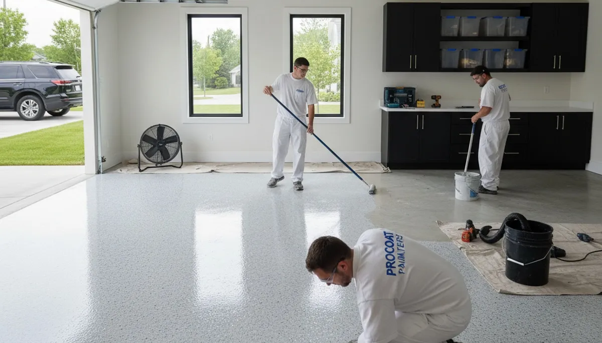 Epoxy garage floor coating in Pittsburgh PA applied by professional house painters for durable finish