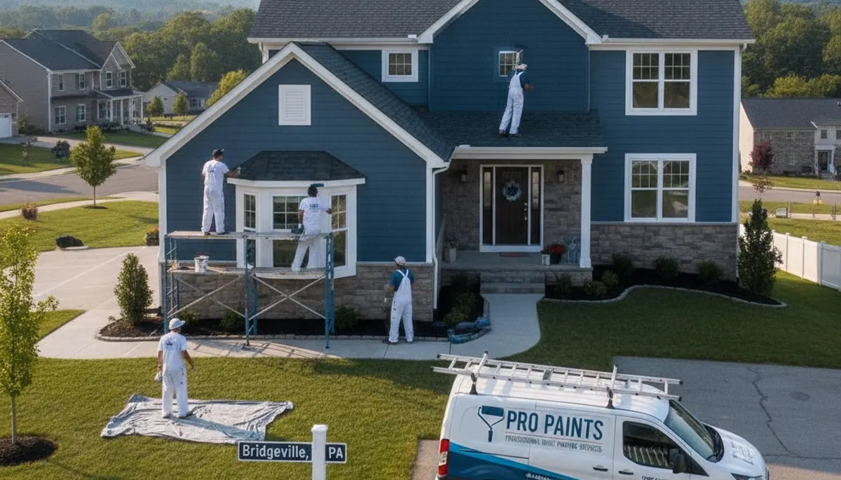 Professional house painters in Pittsburgh PA applying exterior paint to a residential home façade