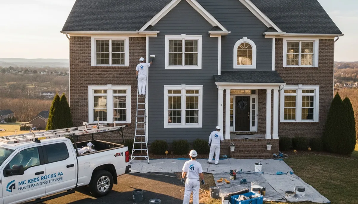 Professional house painters working on home exterior in Pittsburgh, PA