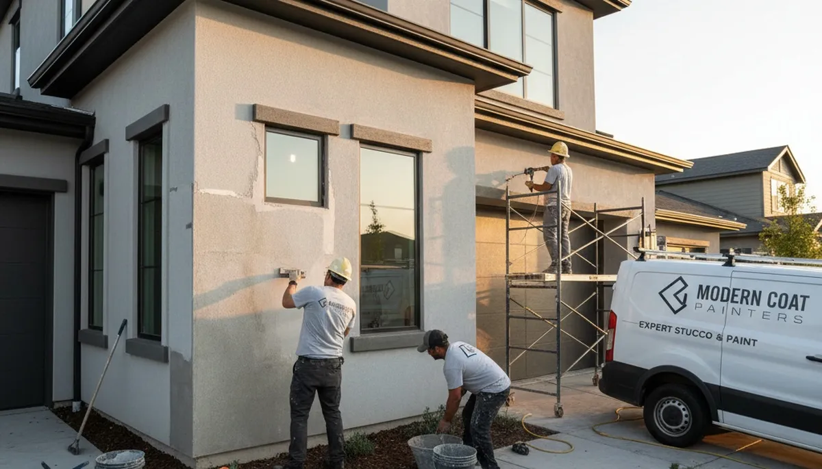 Professional stucco repair on Pittsburgh, PA home exterior by expert local house painters